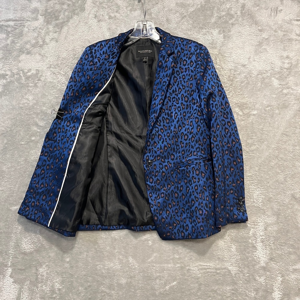 Banana Republic Boyfriend Blazer Women 0 Petite Blue Leopard Animal Print Jacket